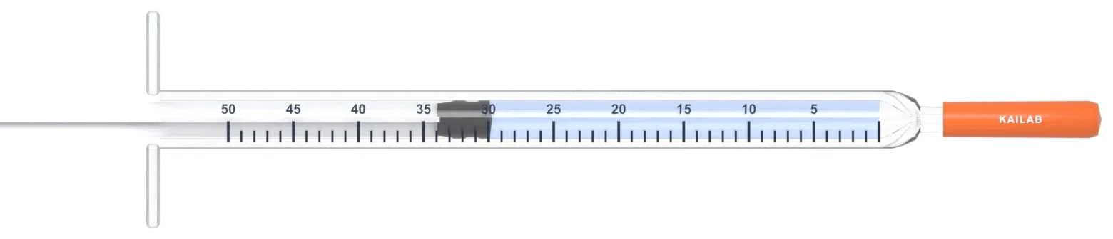 0.5 mL U-100 insulin syringe filled to 30 units